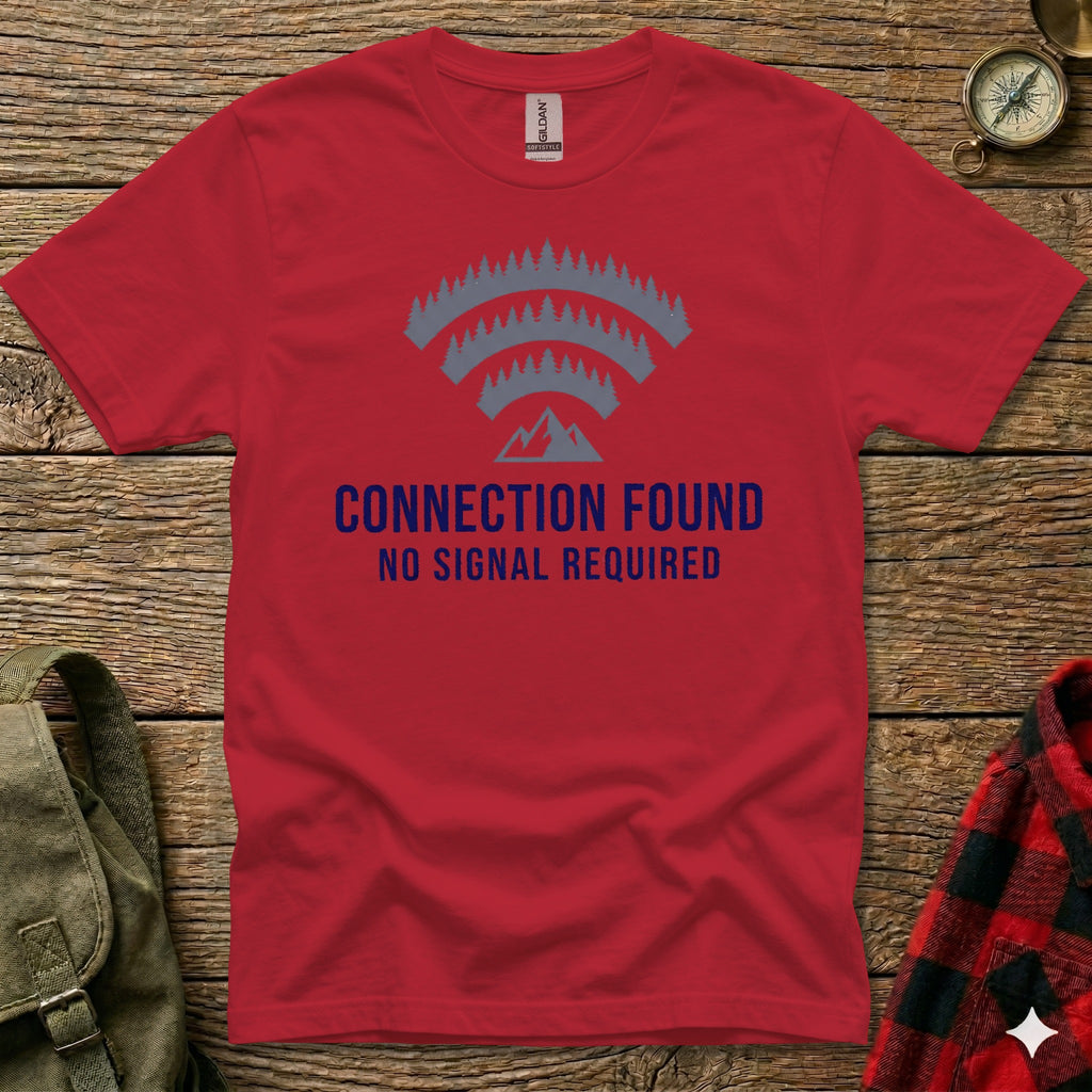 Red t-shirt with "CONNECTION FOUND NO SIGNAL REQUIRED" and a wifi-mountain graphic.