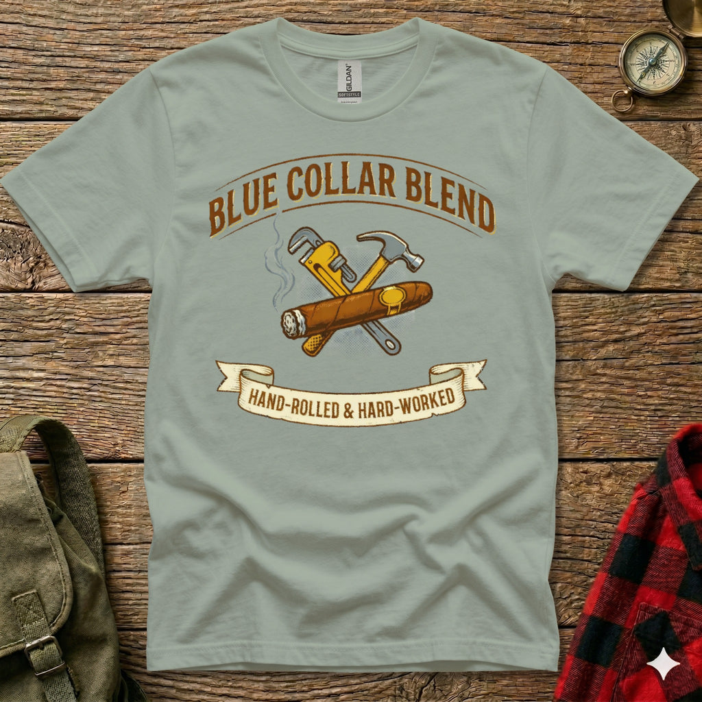 T-shirt with "Blue Collar Blend" and tools above a cigar.