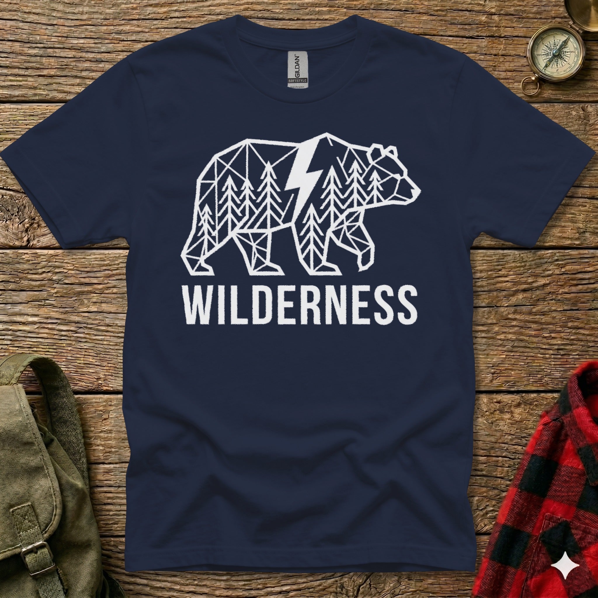 Navy t-shirt with geometric bear, trees, and lightning bolt design.