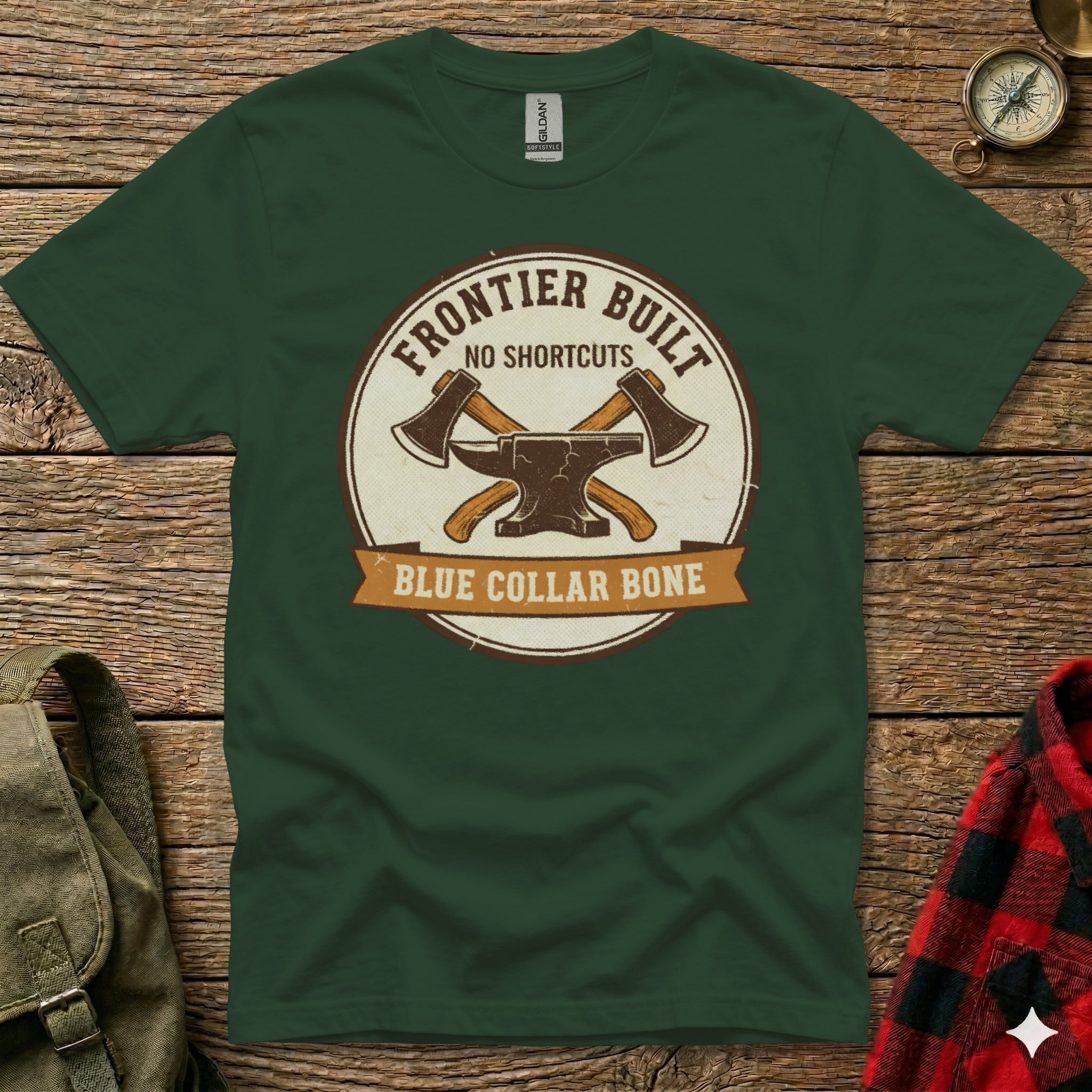 Dark green t-shirt with "Frontier Built No Shortcuts Blue Collar Bone" logo.