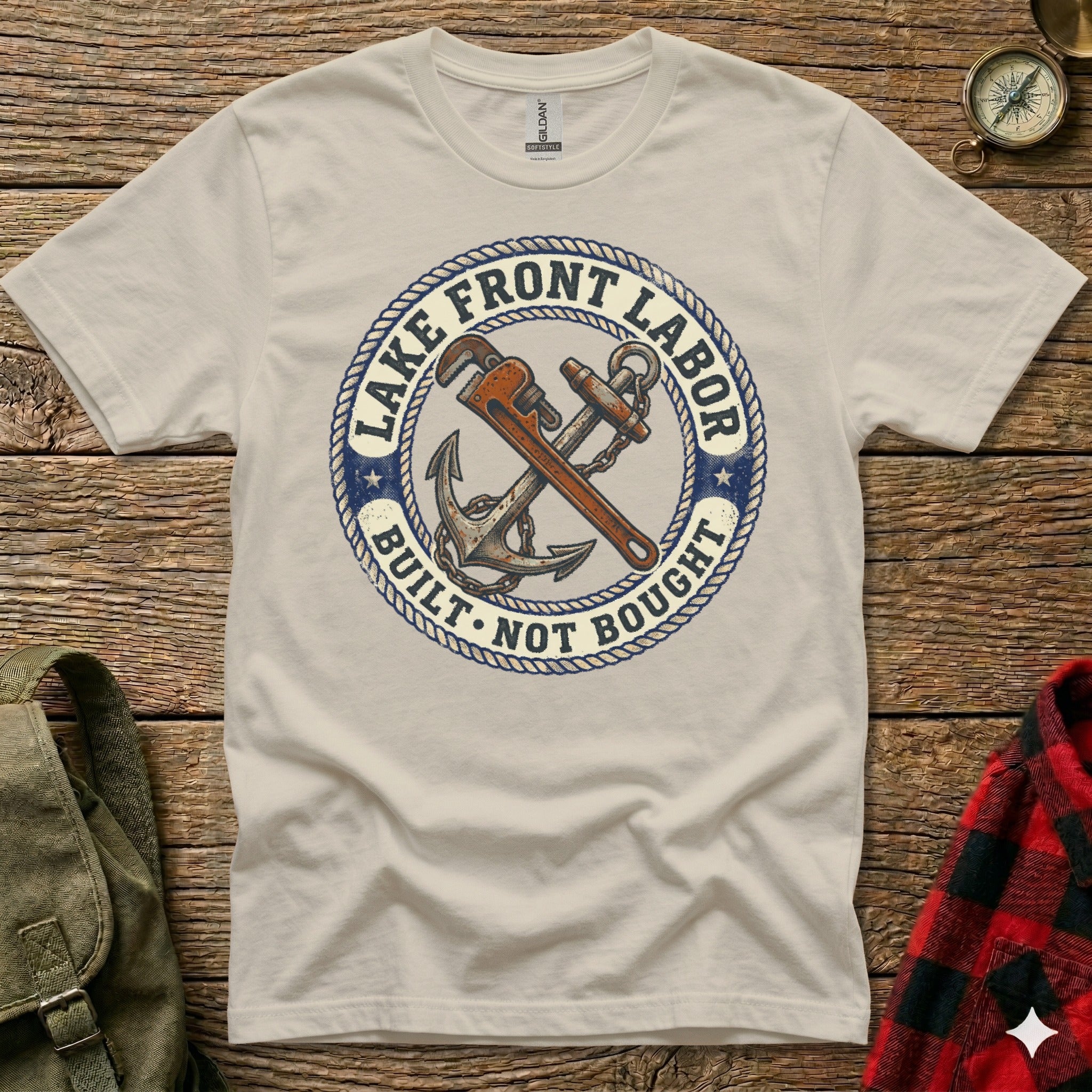T-shirt with "Lake Front Labor Built Not Bought" logo featuring anchor and wrench.