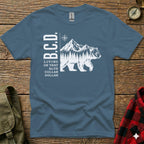 T-shirt with bear silhouette, mountains, and text "B.C.D. LIVING ON THAT BLUE COLLAR DOLLAR".