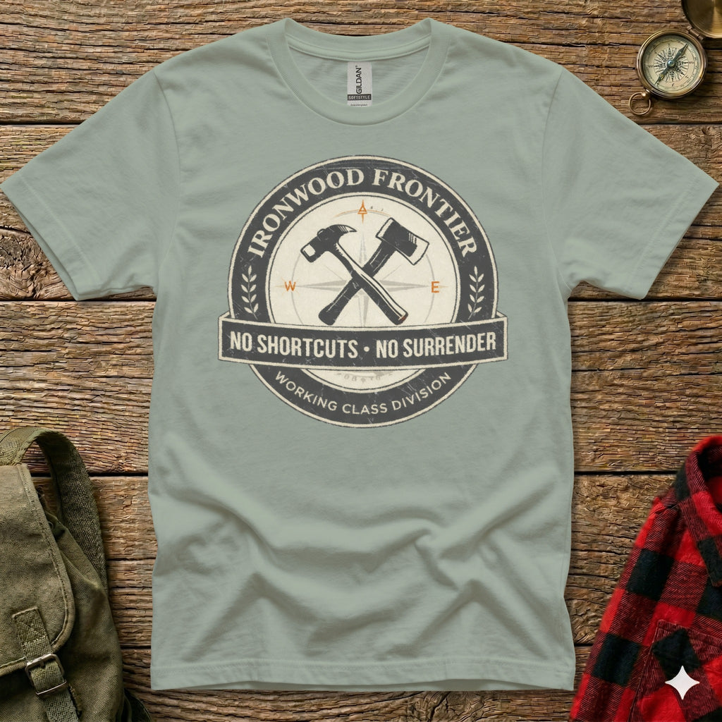 Vintage distressed graphic tee with "Ironwood Frontier" and crossed axe and hammer emblem.