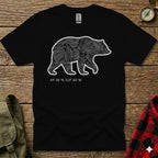 Black t-shirt with a white topographic bear silhouette and coordinates.