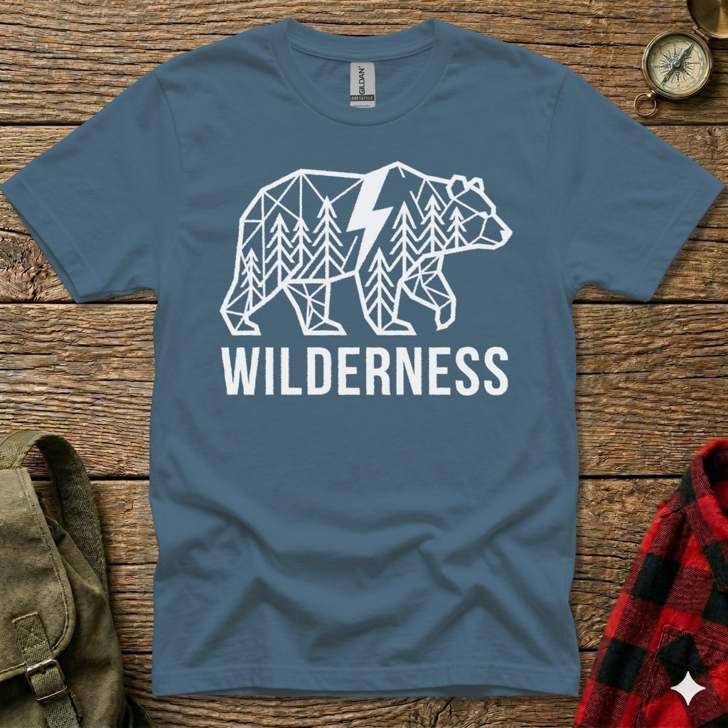 T-shirt with geometric bear and trees design, "WILDERNESS" text.