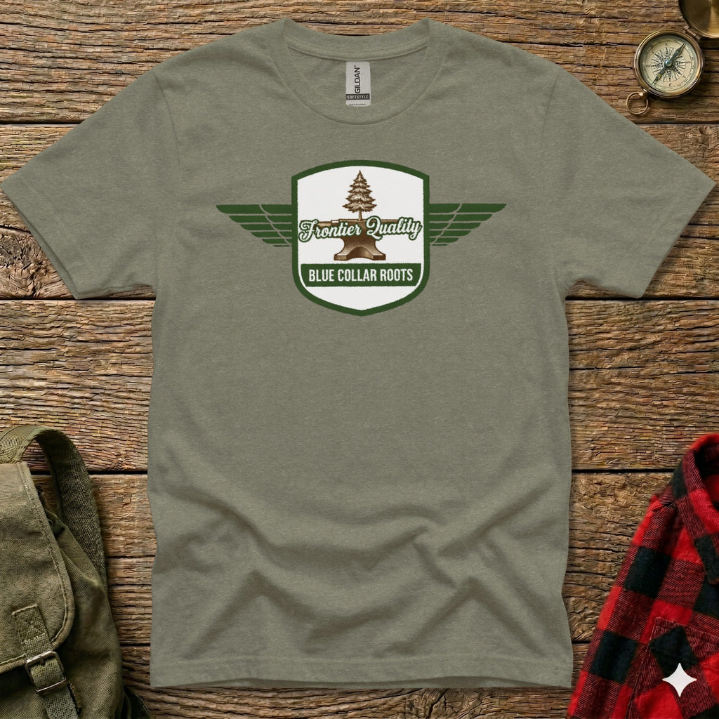 Green t-shirt with Frontier Quality Blue Collar Roots logo.