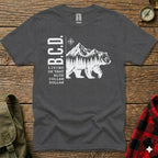 Dark gray t-shirt with B.C.D. text and a bear and mountain graphic.