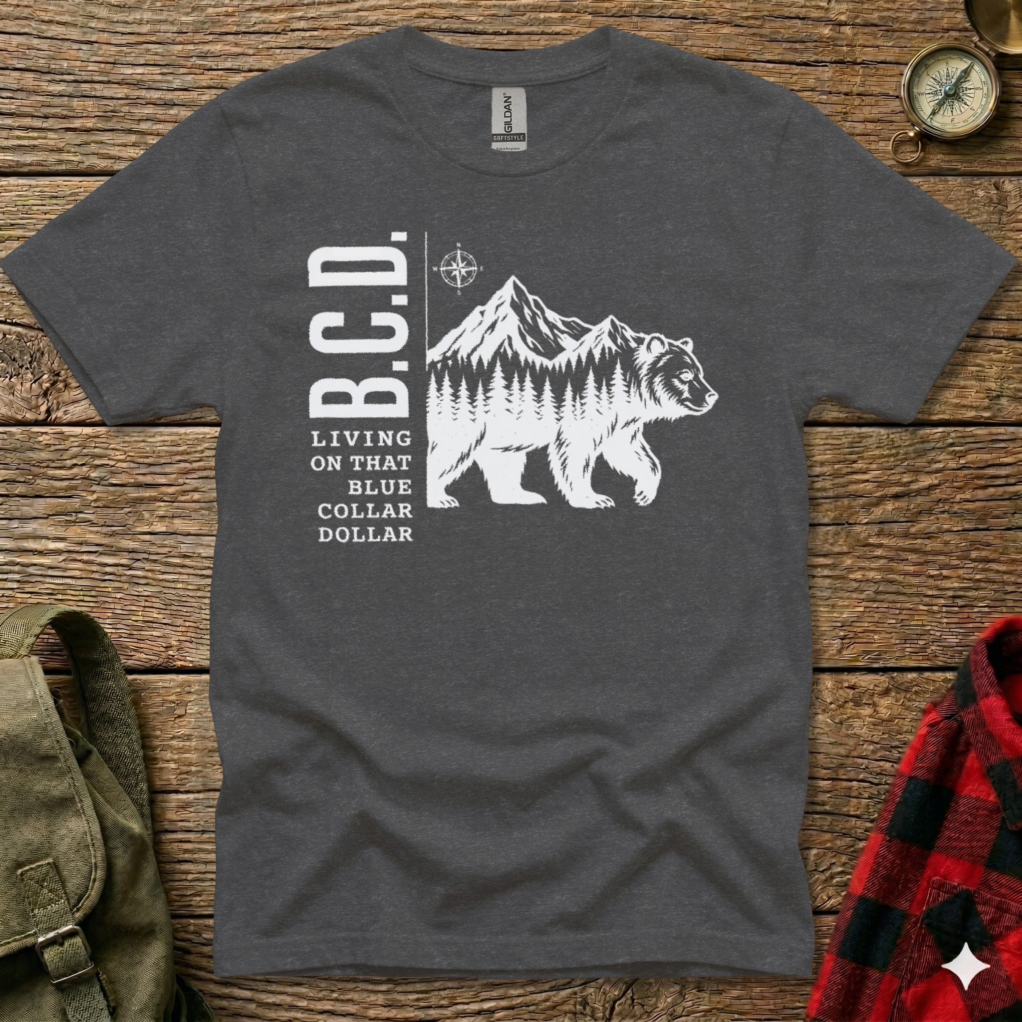 Dark gray t-shirt with B.C.D. text and a bear and mountain graphic.
