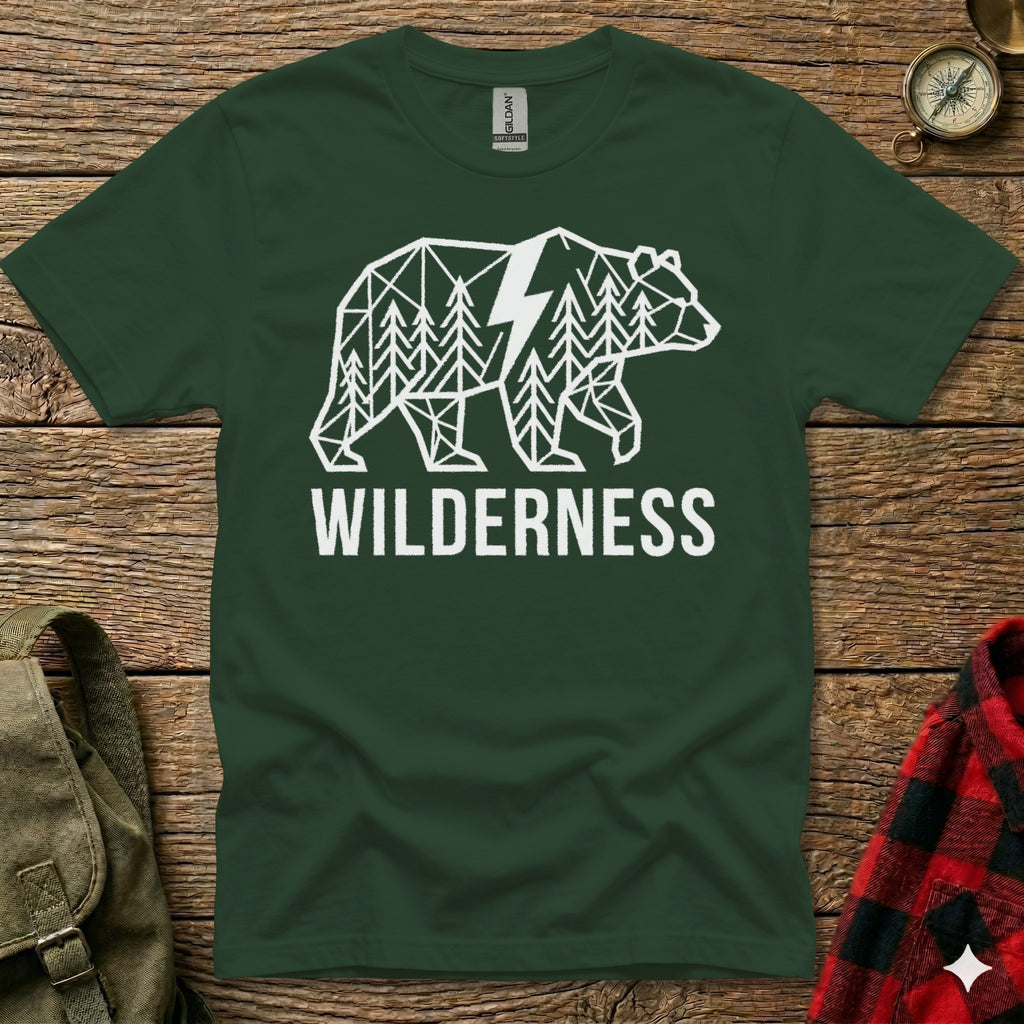 Green t-shirt with white geometric bear and forest graphic, the word WILDERNESS below.