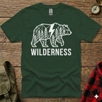Green t-shirt with white geometric bear and forest graphic, the word WILDERNESS below.