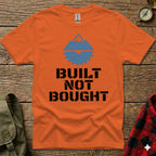 Orange t-shirt with "BUILT NOT BOUGHT" text and mountain graphic.