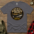 Gray t-shirt with circular graphic: "Livin' On The Blue Collar Dollar. Boating Season is My Overtime."