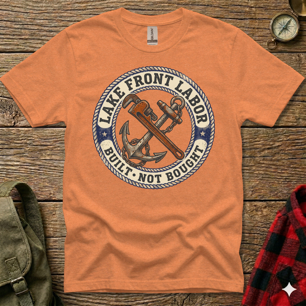 Orange t-shirt with anchor, wrench, and "Lake Front Labor" text.