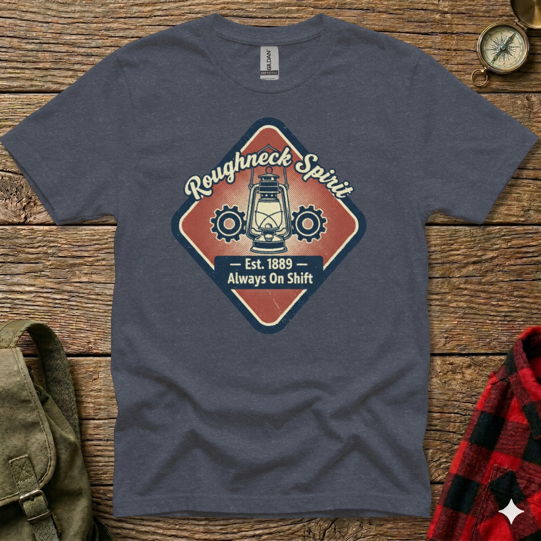 Navy t-shirt with "Roughneck Spirit" diamond logo and lantern graphic.