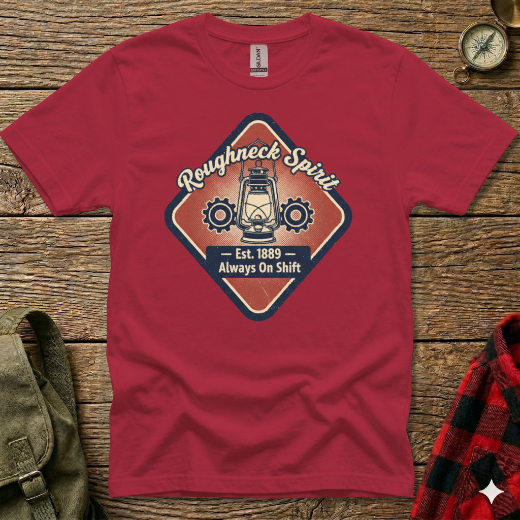 Red t-shirt with Roughneck Spirit logo featuring lantern and gears, Est. 1889 - Always On Shift.