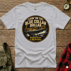 T-shirt with circular logo featuring a boat and text "Livin' on the Blue Collar Dollar."