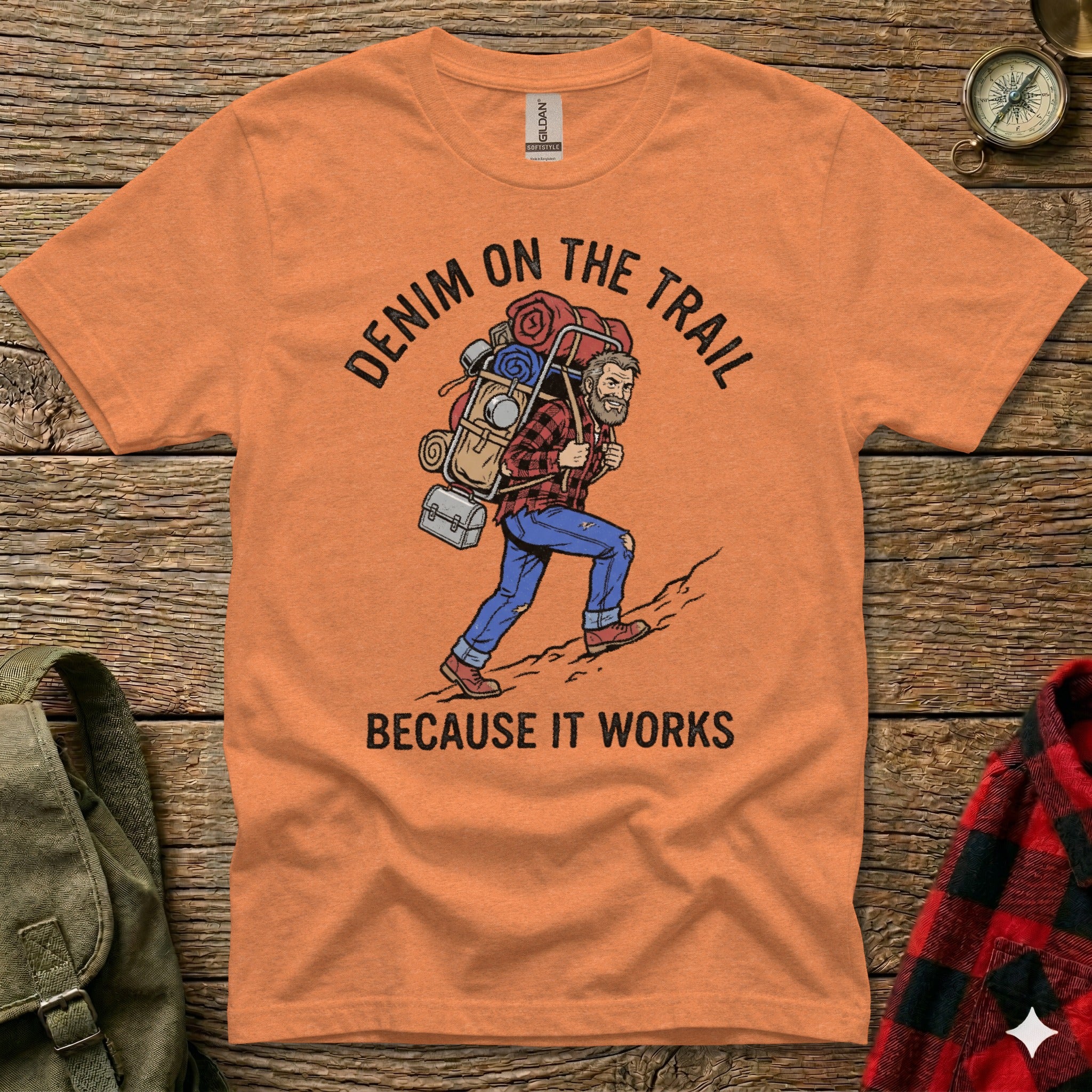 Illustration of hiker with backpack and text "DENIM ON THE TRAIL BECAUSE IT WORKS".
