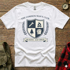 White t-shirt with "The Common Man's Club" emblem featuring shield, tree, and gloves.