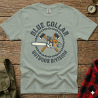 T-shirt with chainsaw, axes, and "Blue Collar Outdoor Division" text.