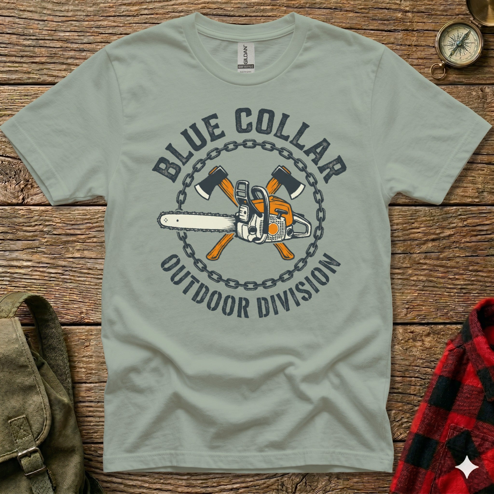 T-shirt with chainsaw, axes, and "Blue Collar Outdoor Division" text.