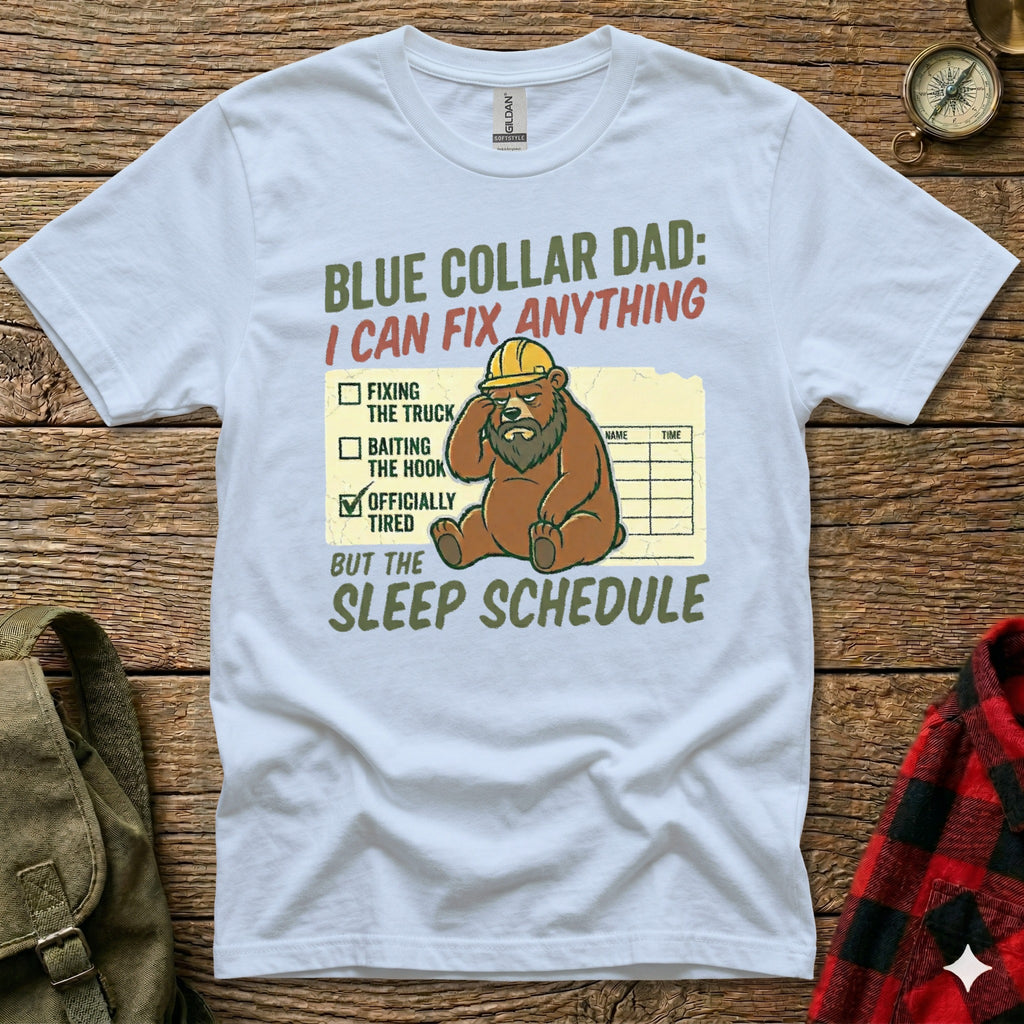Blue Collar Dad: I Can Fix Anything shirt with bear graphic and check boxes.