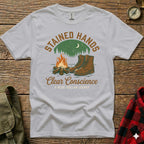 T-shirt with "STAINED HANDS CLEAR CONSCIENCE" text, boots, campfire, and moon.