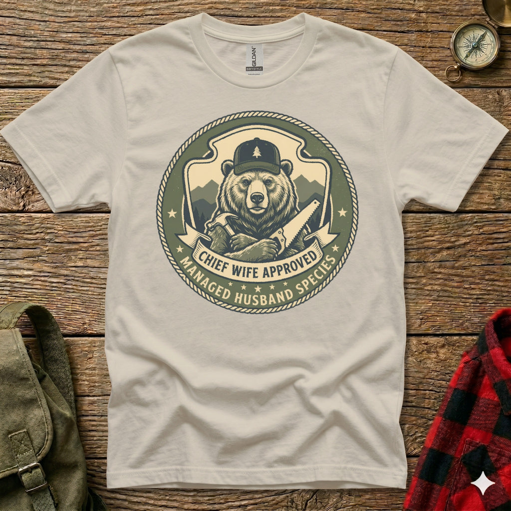 Cream t-shirt with a bear holding a saw, "Chief Wife Approved" text.