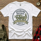 T-shirt with "Husband Material Certified Reliable (Mostly)" text and truck graphic.