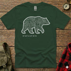 Green t-shirt with white topographic bear outline and coordinates.