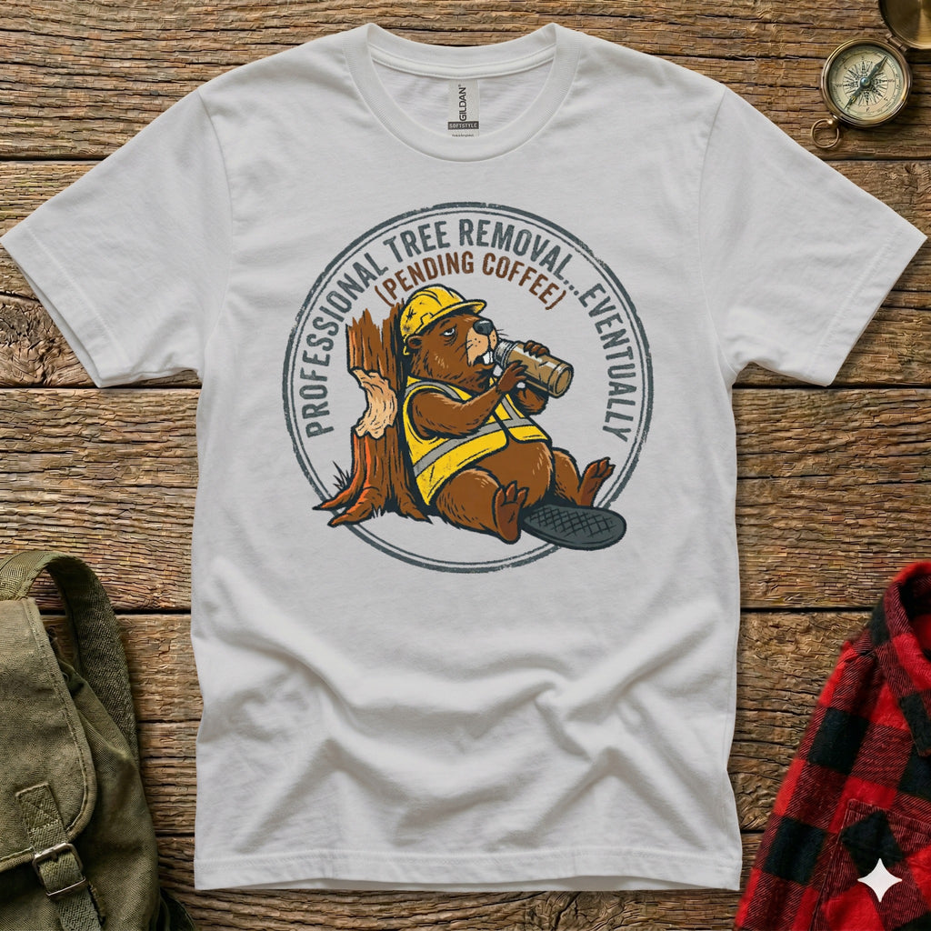 Beaver in hard hat drinks coffee with "Professional Tree Removal" text.