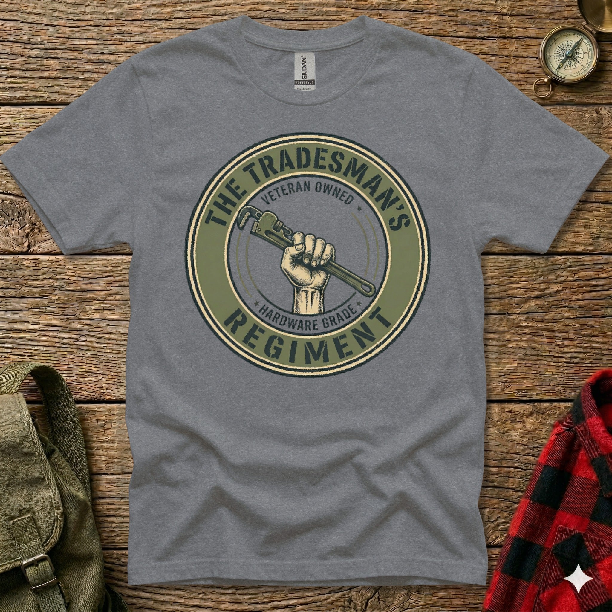 Grey t-shirt with "The Tradesman's Hardware Grade Regiment" logo featuring a fist holding a wrench.