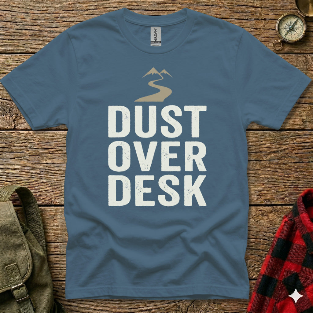 Blue t-shirt with "Dust Over Desk" and mountain graphic.