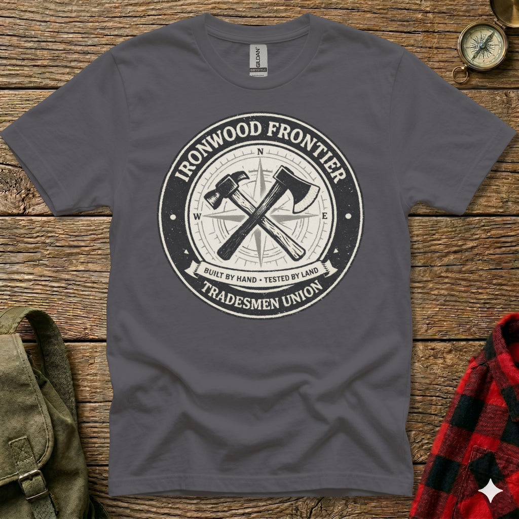 Gray t-shirt with "Ironwood Frontier Tradesmen Union" logo featuring axes and compass.