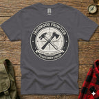 Gray t-shirt with "Ironwood Frontier Tradesmen Union" logo featuring axes and compass.