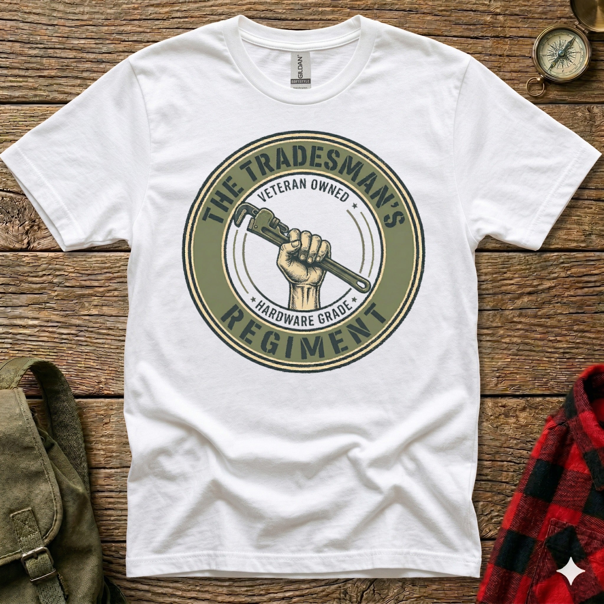 White t-shirt with "The Tradesman's Regiment" veteran-owned hardware grade logo.