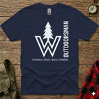 Navy t-shirt with white "W" logo, tree, and text "OUTDOORSMAN".
