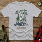 White t-shirt with text "CLOUD STORAGE" and humorous lunch protection graphic.