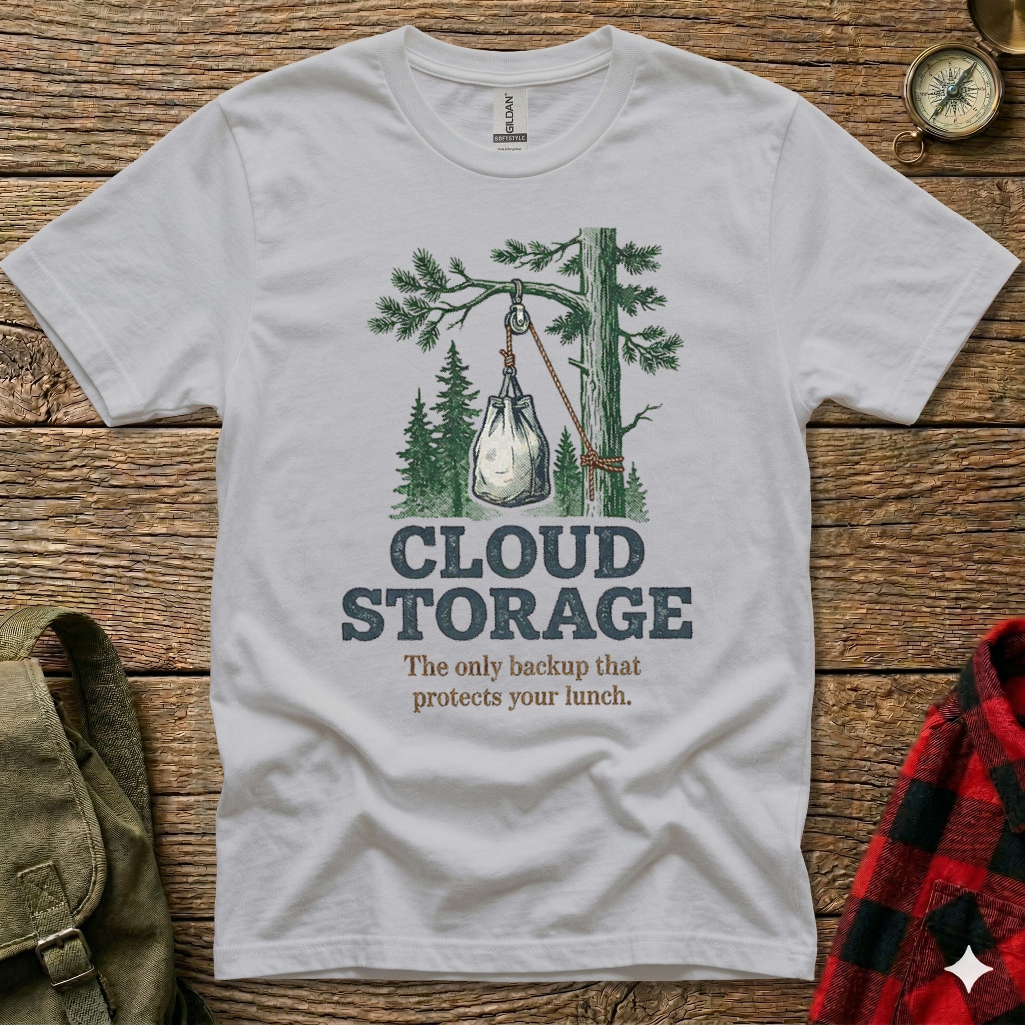 White t-shirt with text "CLOUD STORAGE" and humorous lunch protection graphic.