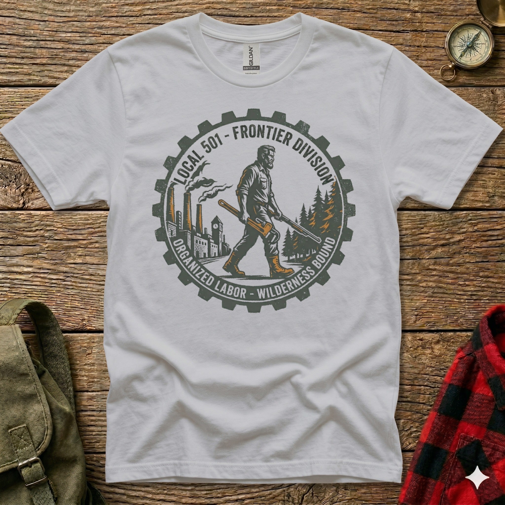 White t-shirt graphic: Local 501 Frontier Division Organized Labor Wilderness Bound.