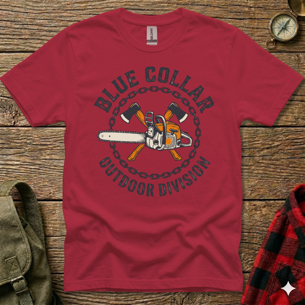 Red t-shirt with "Blue Collar Outdoor Division" chainsaw and axe graphic.
