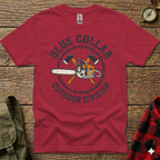 Red t-shirt with "Blue Collar Outdoor Division" chainsaw and axe graphic.