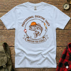 T-shirt with "PROFESSIONAL OVERTIME TAKER AMATEUR FISH STAKER" text and fish graphic.