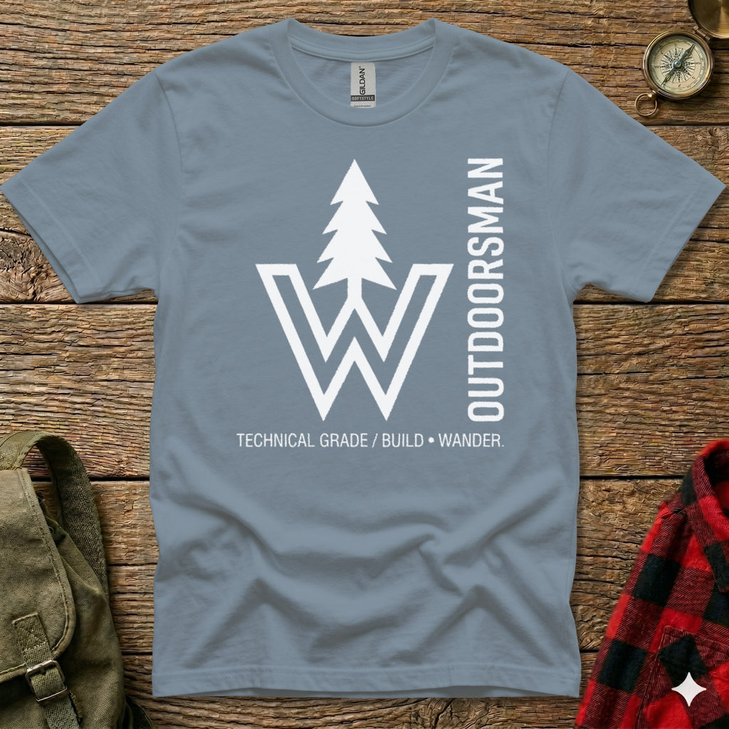 Gray t-shirt with white "W" logo and "OUTDOORSMAN TECHNICAL GRADE / BUILD • WANDER" text.