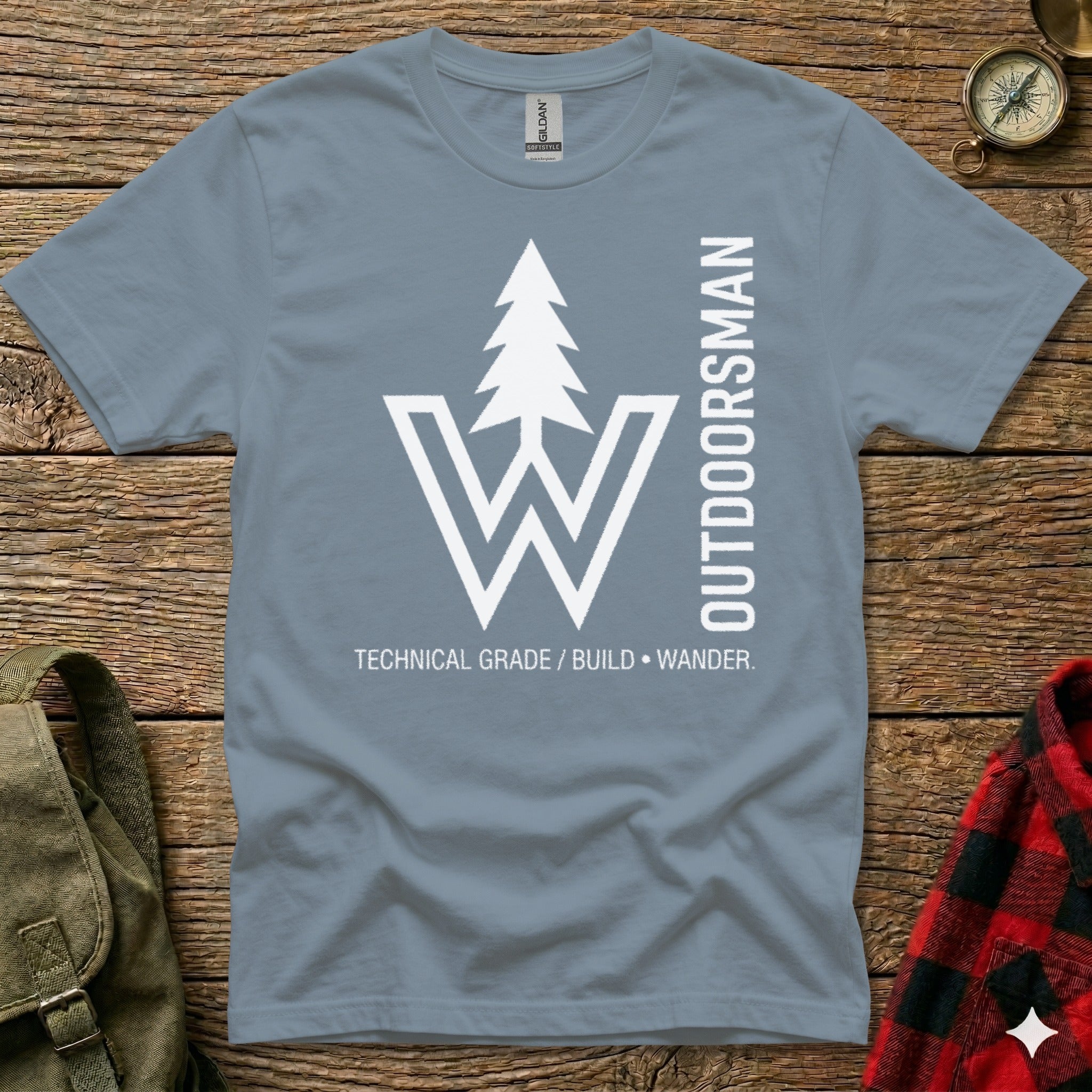 Gray t-shirt with white "W" logo and "OUTDOORSMAN TECHNICAL GRADE / BUILD • WANDER" text.