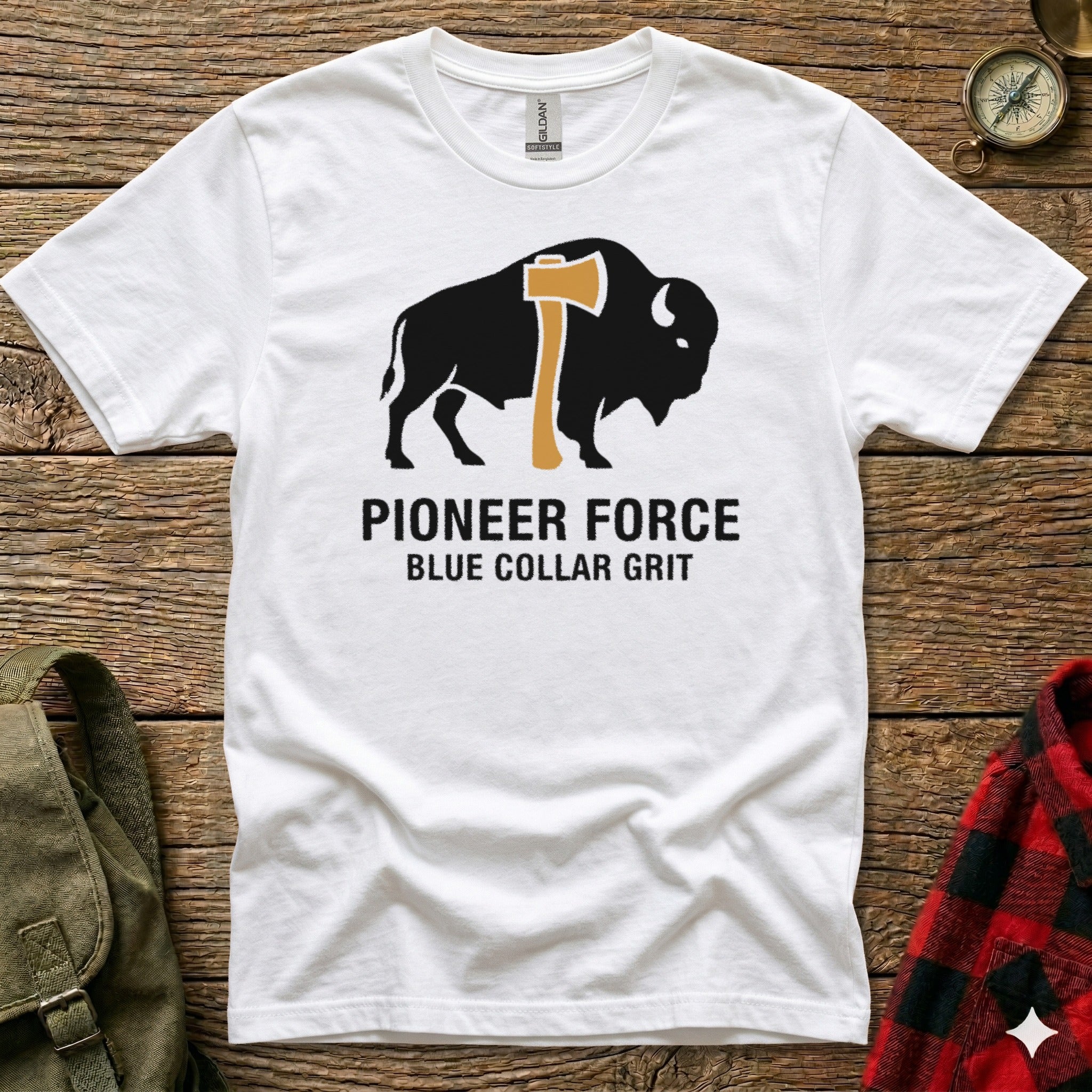 White t-shirt with black buffalo silhouette holding an axe, "PIONEER FORCE BLUE COLLAR GRIT".