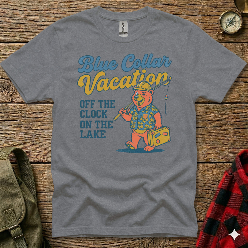 T-shirt graphic of a bear with "Blue Collar Vacation" text.