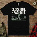 Black t-shirt with "Clock Out. Head Out. See You At The Lake." graphic.