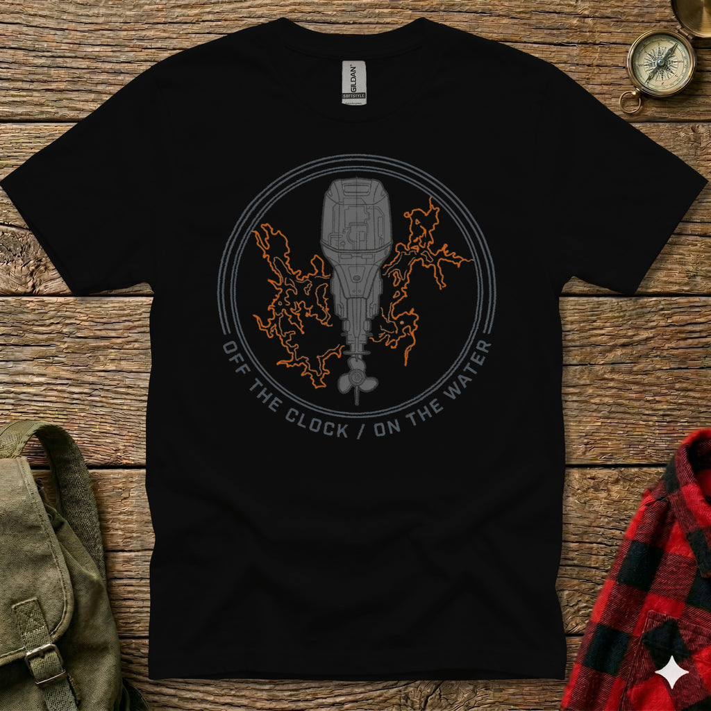 Black t-shirt with outboard motor graphic and text "OFF THE CLOCK / ON THE WATER".