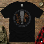 Black t-shirt with outboard motor graphic and text "OFF THE CLOCK / ON THE WATER".