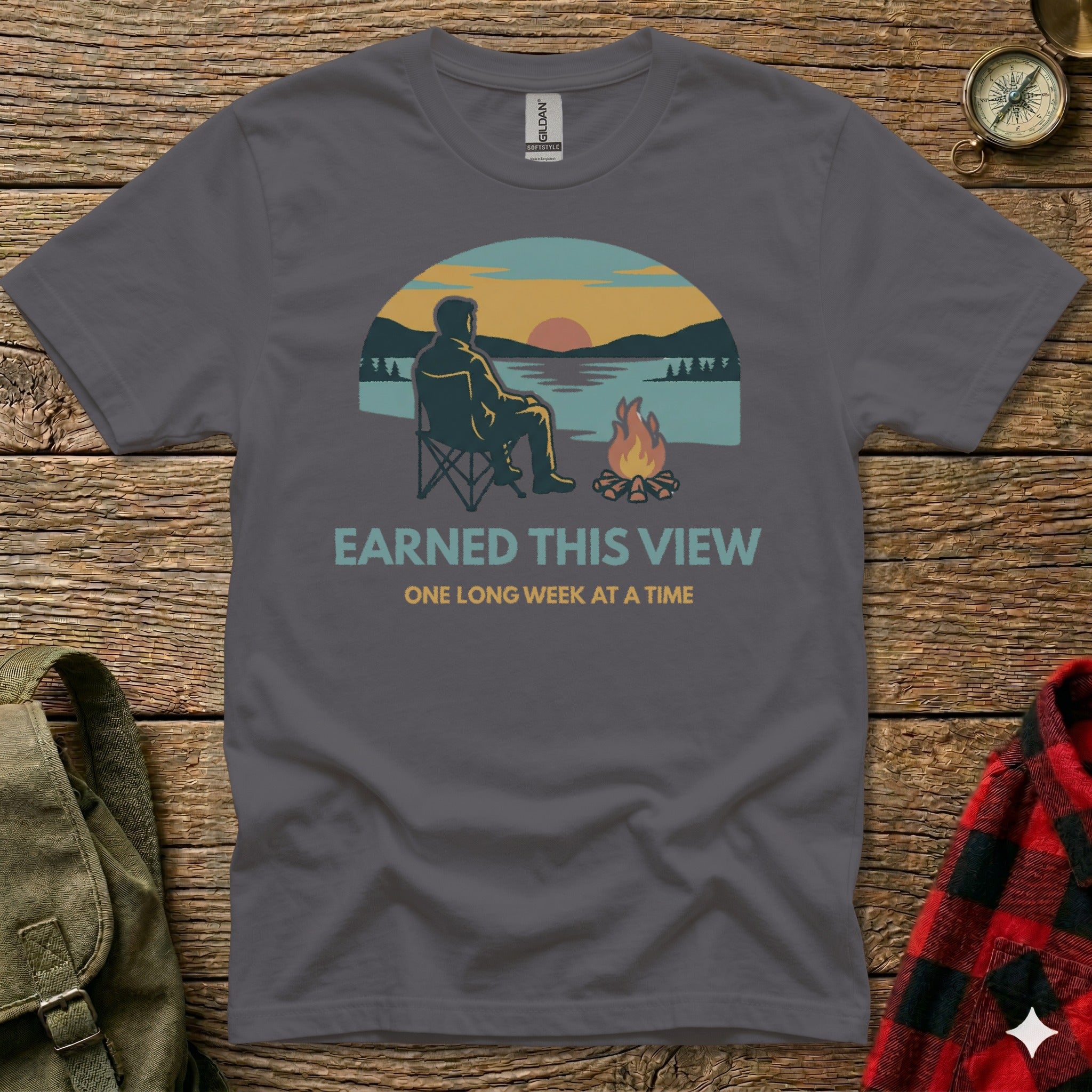 Gray t-shirt with "Earned This View" and campfire graphic.